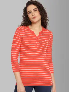 Feather Soft Elite Women Red Striped Henley Neck Stretchex Rayon  T-shirt
