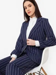 ZALORA WORK Women Navy Blue & White Striped Regular Fit Single-Breasted Blazer