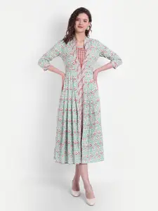SUTI Women Red & Green Floral Printed Cotton A-Line Midi Dress