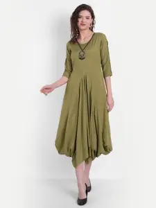 SUTI Women Olive Green Solid Balloon Midi Dress