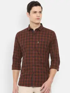 Louis Philippe Jeans Men Brown Checked Slim Fit Cotton Casual Shirt