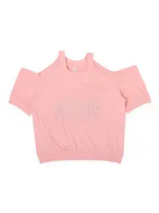 Pepe Jeans Girls Pink Cold Shoulder Applique Cotton T-shirt