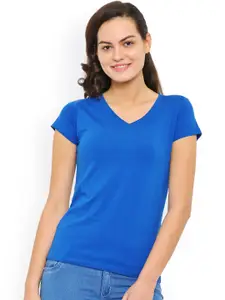 De Moza Women Blue Solid V-Neck T-shirt