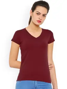 De Moza Women Maroon Solid V-Neck T-shirt