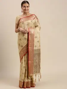SANGAM PRINTS Cream-Coloured & Golden Ethnic Motifs Zari Pure Silk Saree