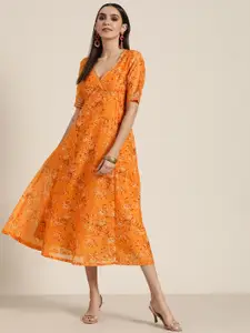 Shae by SASSAFRAS Mustard Yellow & Brown Floral Ethnic A-Line Midi Dress