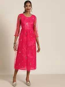 Shae by SASSAFRAS Fuchsia & Gold-Toned Ethnic A-Line Midi Dress