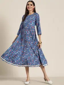 Shae by SASSAFRAS Blue & White Ethnic Motifs Ethnic A-Line Midi Dress