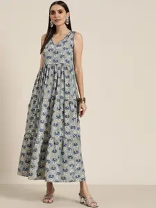 Shae by SASSAFRAS Grey & White Floral Ethnic A-Line Maxi Dress