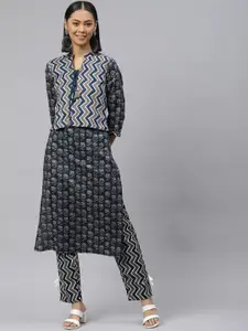 Fusion Threads Women Navy Blue Floral Printed Pure Cotton Kurta with Palazzos & Jacket