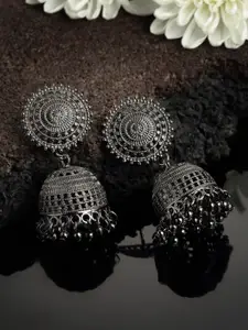 PANASH Silver-Toned Dome Shaped Oxidized Jhumka Earrings