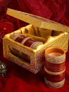 PANASH Set of 66 Gold-Plated Maroon AD Stone-Studded Wedding Chuda Set