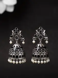 Voylla Silver-Plated Oxidized Geometric Jhumkas Earrings