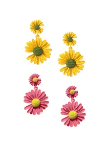 Yellow Chimes Women Set Of 2 Pink & Yellow Floral Drop Earrings