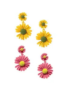Yellow Chimes Women Set Of 2 Pink & Yellow Floral Drop Earrings