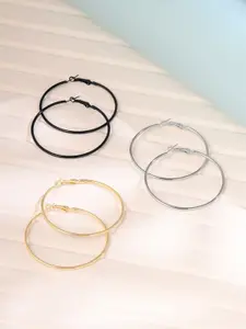 Yellow Chimes Set Of 3 Gold-Toned & Black Circular Hoop Earrings