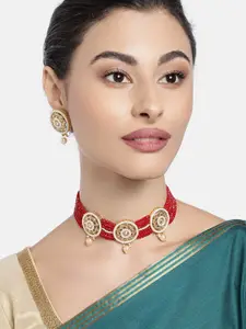 AccessHer Gold-Plated & Red Kundan Choker Necklace Set
