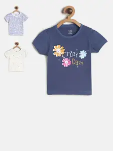 MINI KLUB Girls Blue & White Floral Print Cotton Top