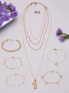 AMI Gold-Plated Layered Chain With Bracelet & Earrings Jewellery Set
