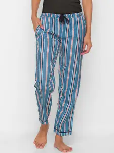 NOIRA Women Blue & Red Striped Mid-Rise Cotton Lounge Pants