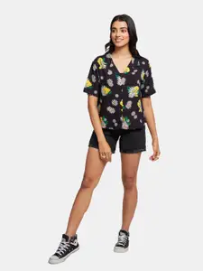 The Souled Store Women Black Comfort Tweety Floral Printed Cotton Casual Shirt