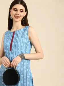 Anouk Women Blue & White Geometric Printed Pure Cotton Sleeveless Kurta