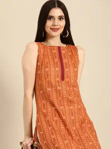 Anouk Women Brown Geometric Printed Sleeveless Pure Cotton Regular Kurta