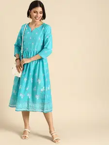 Anouk Women Blue Abstract Print Pure Cotton Casual Midi Dress