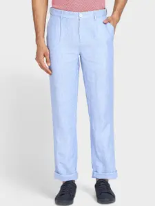 ColorPlus Men Blue Textured Pleated Casual Linen Trousers