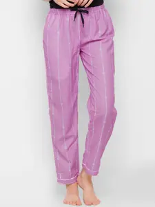 NOIRA Women Purple & White Striped Mid-Rise Cotton Lounge Pants
