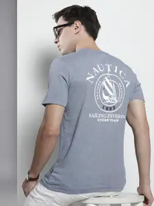 Nautica Men Blue & White Brand Logo Printed Pure Cotton Slim Fit T-shirt