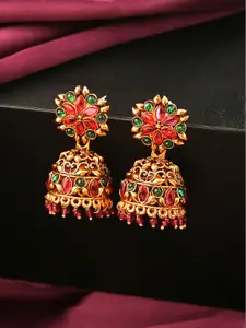 Yellow Chimes Gold-Plated Red Stone-Studded Traditional Floral Jhumka Earrings