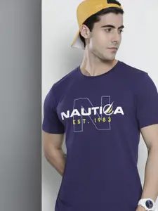Nautica Men Navy Blue & White Brand Logo Printed Pure Cotton T-shirt