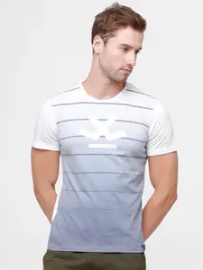 WROGN Men White & Blue Striped Slim Fit Cotton T-shirt