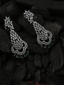 SOHI Silver-Plated White & Green American Diamond Drop Earrings