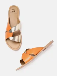 Carlton London Women Orange & Gold-Toned Colourblocked Open Toe Flats