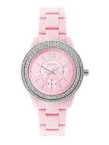 Fossil Women Pink Embellished Dial & Pink Ceramic Bracelet Style Straps Analogue Watch