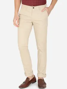 JADE BLUE Men Cream-Coloured Solid Slim Fit Easy Wash Cotton Trousers