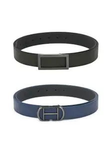 Calvadoss Boys Dark Green & Navy Blue Set Of 2 Solid PU Belts