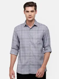 Linen Club Men Grey Checked Linen Casual Shirt