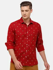 Linen Club Men Red Floral Printed Linen Casual Shirt