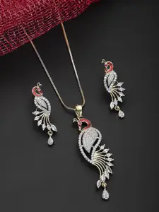 ZENEME Gold-Plated White & Red AD-Studded Peacock Shaped Pendant With Chain & Earrings