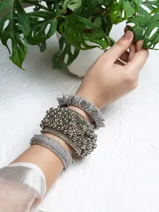 TEEJH Women Set of 3 Oxidised Silver-Plated Bangle-Style Bracelets