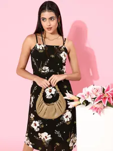 Zink London Women Stylish Black Floral Noughties Spaghetti Dress