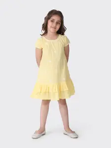 Fabindia Girls Yellow Floral Embroidered Cotton A-Line Dress