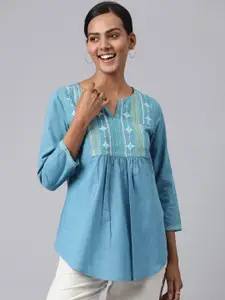 Fabindia Women Blue Embroidered A-Line Cotton Top