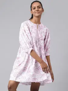 Fabindia White Floral Tie-Up Neck A-Line Dress