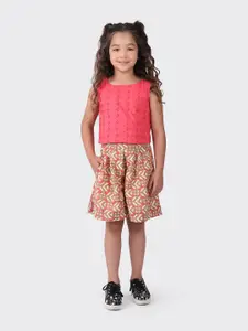 Fabindia Girls Pink & Brown Self Design Printed Pure Cotton Top with Shorts Set