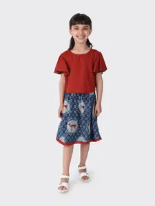 Fabindia Girls White & Navy Blue Printed Cotton Top with Skirt