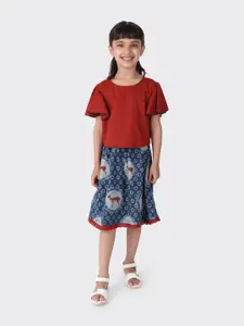 Fabindia Girls White & Red Cotton Top with Skirt